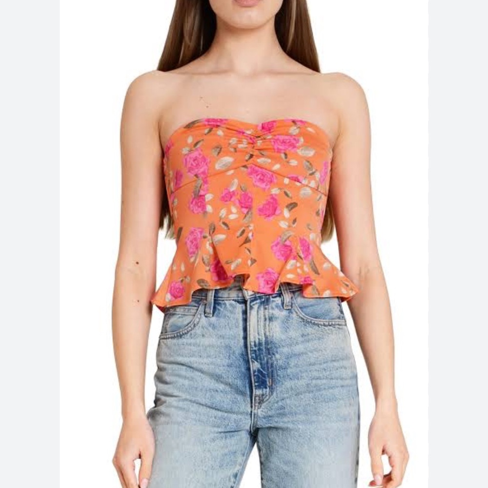 WAYF Eleanor Floral Strapless Peplum Top in orange